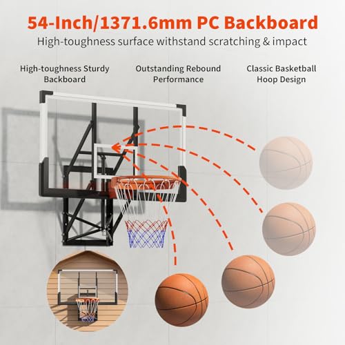 54 Inch Wall Mounted Basketball Hoop, 8-10 FT Adjustable Height Shatterproof PC Backboard Basketball Goal with 18 Inch Solid Rim for Indoor & Outdoor Use, Home, Gym, Backyard