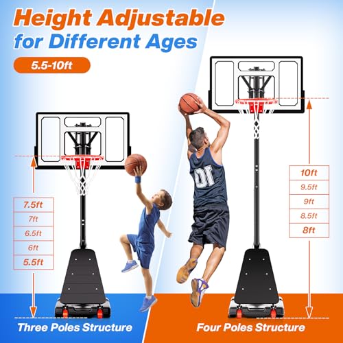 AWII SPORT Basketball Hoop Outdoor 40&44&48 Inch Impact Backboard, 5.3-10FT Height Adjustable Basketball Hoop Goal System with Portable Wheels for Adults