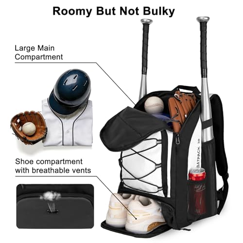Goloni 40L Baseball Bag, Softball Bat Bag with Shoes Compartment,Fence Hook,Backpack for Baseball, T-Ball & Softball Equipment & Gear