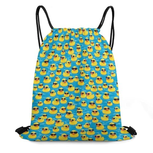 Drawstring Backpack Gym Sackpack Lightweight Waterproof String Bag for Sports Travel Yoga Beach Swimming, Men Women Unisex, Cute Rubber Yellow Ducks With Sunglasses Bags - color: Picture (505)