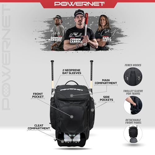 PowerNet Surge Softball Baseball Bag, Dual Bat & Gear Travel Backpack, Baseball Equipment Bat Bag, Baseball Softball Backpack with Dugout Fence Hooks & Cleat Pocket