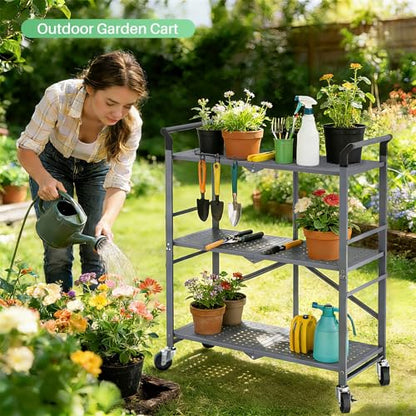 3 Tier Utility Carts - Folding Metal Rolling Cart with Wheels for Kitchen Office Garage Storage, Grey