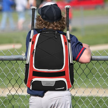 LARIPOP Youth Baseball Bag, Bat Backpack with Fence Hook & Separate Shoe Compartment, Waterproof Equipment Bag for Baseball, T-Ball & Softball - color: Red