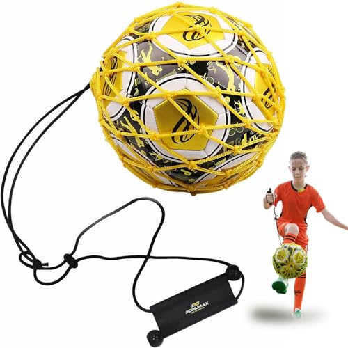Handle Solo Soccer Kick Trainer with New Ball Locked Net Design, Soccer Ball Bungee Elastic Training Juggling Net (Fits Ball Size 3, 4, 5) - color: yellow