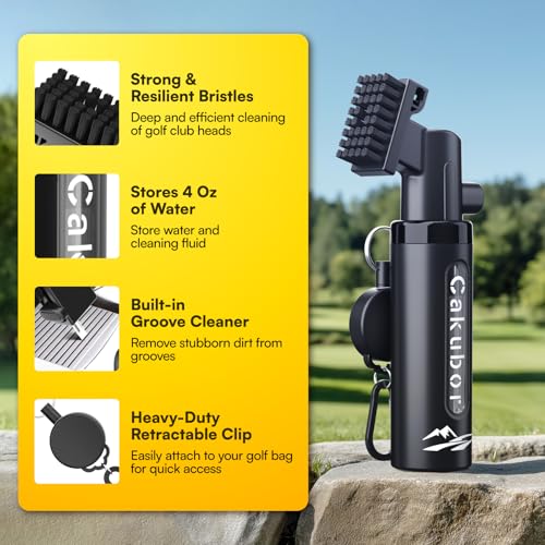 Pro Golf Club Cleaner: 4oz Water Bottle with Groove Cleaner, Heavy-Duty Retainer Clip, Large Nylon Bristles for Deep Clean, Ergonomic Button Design, Essential Golf Accessories & Gifts for Men