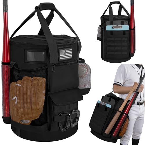 Baseball Bucket Bag, Tactical Style Softball Bucket Cover for 6 Gallon Bucket, Coaching Accessories Organizer with Multiple Pockets for Bat, Gloves, Scoreboard - color: Black