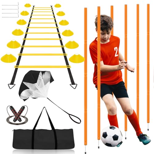 Vztipki Speed & Agility Training Equipment-20ft Agility Ladder, 6 Poles, 12 Soccer Cones, Resistance Parachute, Jump Rope, Soccer Football Basketball Sport Training Set for Kids Youth Adults - color: Yellow