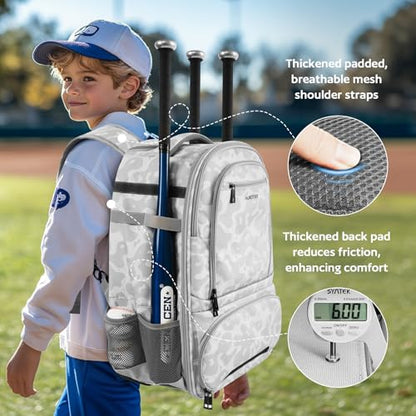 AUROTIER Rolling Baseball Backpack with Off-road Wheels, Wheeled Catchers Gear Bag for Baseball Equipment, 4 Bats, Large Softball Bag for TBall, Helmet & Accessories with Fence Hook - color: White Camo