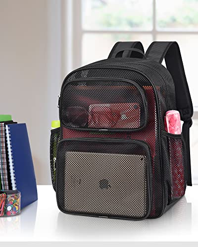 MAY TREE Mesh Backpack Heavy Duty Big Mesh Bag Large Capacity for Travel Beach Hiking Outdoor Sports with Paded Strap, Black - color: Black