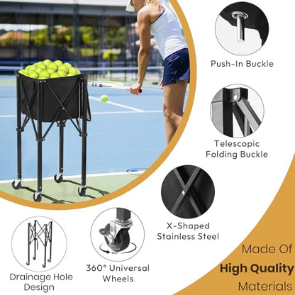 Tennis Ball Hopper Pickleball Removable Waterproof Basket with Carry Bag, Wheel Locks for Tennis Coaches Players Schools Clubs, Tennis Court Equipment/Accessory (165 Balls Capacity)