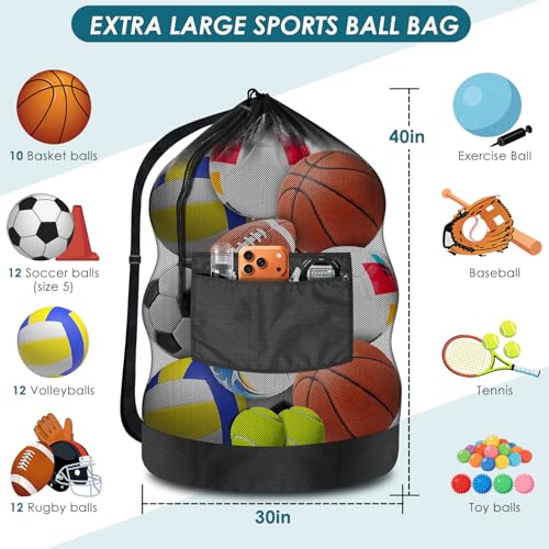 BROTOU Extra Large Soccer Ball Net Bag, 40" x 30" Drawstring Mesh Ball Bag with Zipper Pocket, Sports Equipment Bag for Gym, Cloth, Beach, Swimming Gears - color: Black-1pc-Durable Upgrade