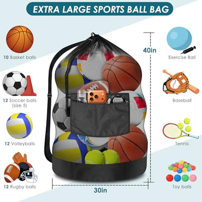 BROTOU Extra Large Soccer Ball Net Bag, 40" x 30" Drawstring Mesh Ball Bag with Zipper Pocket, Sports Equipment Bag for Gym, Cloth, Beach, Swimming Gears - color: Black-1pc-Durable Upgrade
