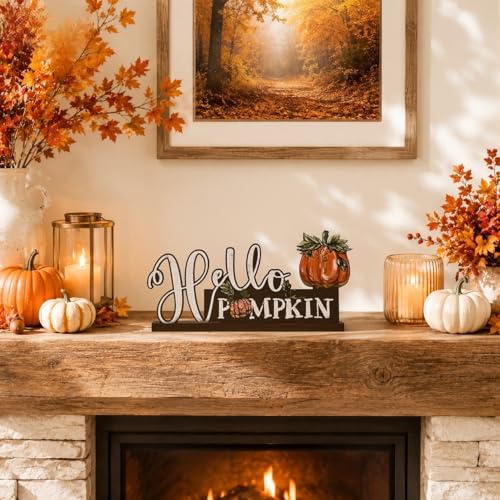 Smile Fall Thanksgiving Wooden Standing Decor, Hello Pumpkin Rustic Wood Tiered Tray Sign with Stand for Rustic Farmhouse Home Kitchen Shelf Mantel Decor - style: Letter Pumpkin