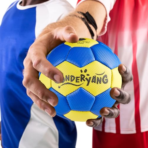 Handball Ball with Pump Needle PU Blue and Yellow Hand Ball Balls Single Handball Attractive and Durable Design for Youth League Game Training Practice - size: 6.7 Inch，Size 2