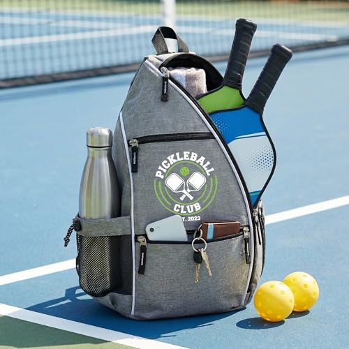 Personalized Pickleball Sling Bag Custom Paddle Backpack with Name or Logo Lightweight Durable Sports Gear Bag for Men Women Adjustable Strap Water Bottle Pocket Fence Hook Storage
