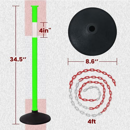 4 Pack Traffic Delineator Post Cones with Weighted Base & Reflective Collars, Adjustable Green Safety Barrier with Plastic Chains for Parking Lot Driveway Road - color: Green