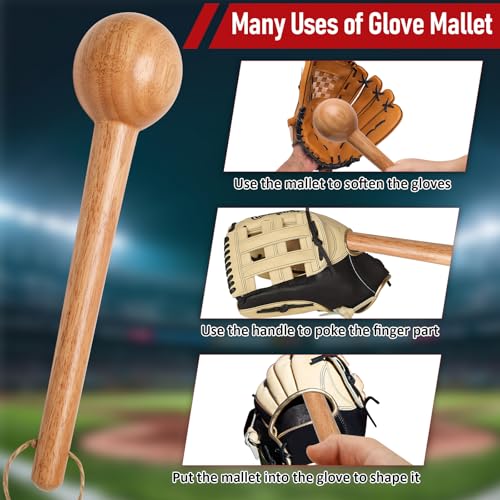 Baseball Glove Break in Kit, One-Piece Solid Wooden Baseball Glove Mallet and Three Colors Glove Wrap Straps for Baseball Glove and Softball Glove, Fit Adult Youth Kids Catcher Mitt - color: red