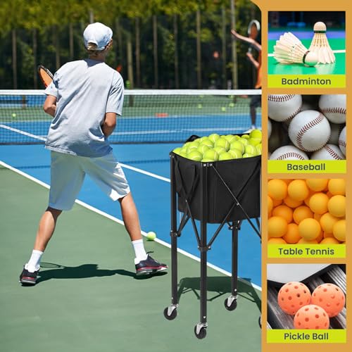 Tennis Ball Hopper Pickleball Removable Waterproof Basket with Carry Bag, Wheel Locks for Tennis Coaches Players Schools Clubs, Tennis Court Equipment/Accessory (165 Balls Capacity)