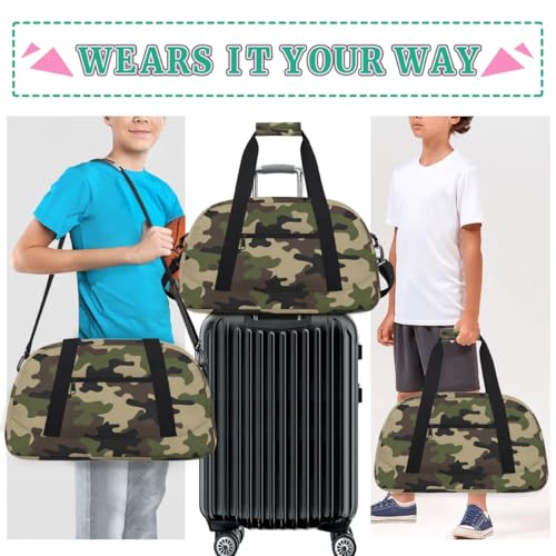Camo Kids Duffel Bag for Boys, Camouflage Sports Gym Bag Overnight Travel Weekender Bags Lightweight Carry On Sleepovers Bag for School Practice Gymnastics - color: Camo