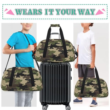 Camo Kids Duffel Bag for Boys, Camouflage Sports Gym Bag Overnight Travel Weekender Bags Lightweight Carry On Sleepovers Bag for School Practice Gymnastics - color: Camo