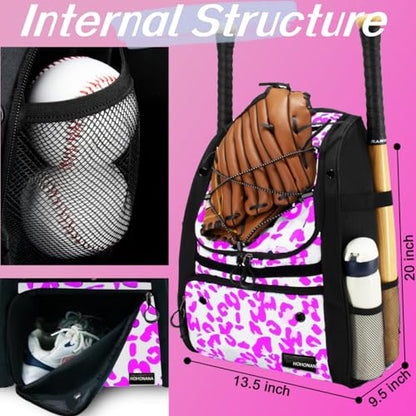 Youth Softball Equipment Bag with Vented Shoe Compartment, Baseball Bat Bag, Fence Hook, for Batting Mitten, Helmet, Teeball Gear, Adult Boys Girls Kids - color: Pink Leopard