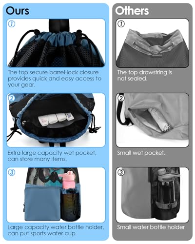 BROTOU Swim Bag Beach Backpack with Wet Pocket Mesh Drawstring Bags for Swimming, Gym - color: Navy Blue