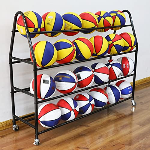 Ball Storage with Wheels Basketball Racks for Storage 4 Tier Black White Storage Equipment Organizer Sports Rack Rolling Basketball Cart for Garage Indoor School Pitch