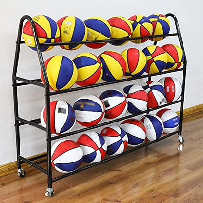 Ball Storage with Wheels Basketball Racks for Storage 4 Tier Black White Storage Equipment Organizer Sports Rack Rolling Basketball Cart for Garage Indoor School Pitch