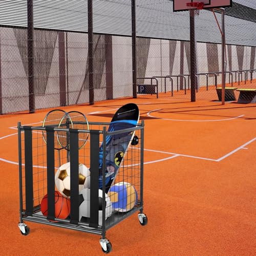 RedSwing Ball Storage Bin Rolling Sports Ball Cart, Metal Garage Sports Equipment Organizer with Elastic Straps,Volleyball Softball Basketball Cage Storage Rack for Garage Playgroup Gym School