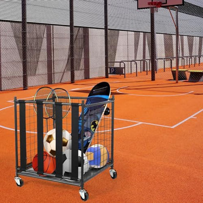 RedSwing Ball Storage Bin Rolling Sports Ball Cart, Metal Garage Sports Equipment Organizer with Elastic Straps,Volleyball Softball Basketball Cage Storage Rack for Garage Playgroup Gym School