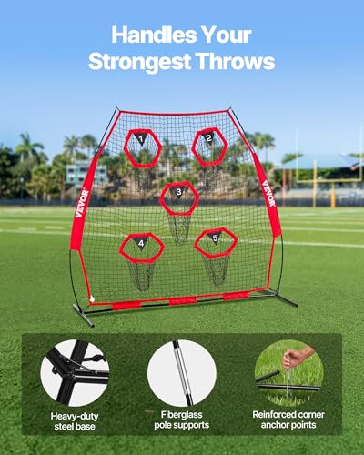 VEVOR 7 x 7 ft Football Throwing Net,Quarterback Training Equipment with 5 Target Pockets ,Includes Straps and Portable Carry Case, Improve QB Throwing Accuracy