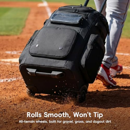 KAVIGOR 80L Rolling Baseball & Softball Bag for Youth & Adult, Holds 3 Gloves & 4 Bats, Custom Team Panel, Travel Ball Ready - color: Black