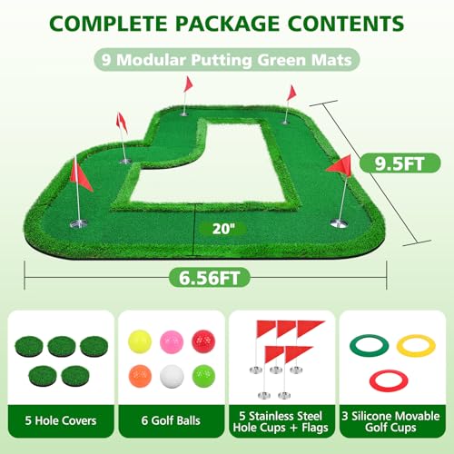 Modular Interlocking Golf Putting Green, 5 x 9.5 ft Golf Practice Putting Mat Professional Golf Training Mat with 5 Flags 3 Movable Cups 6 Golf Balls, for Indoor Outdoor Backyard Home Office