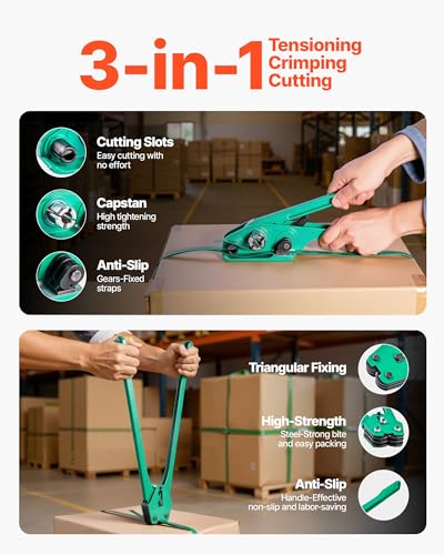 VEVOR Banding Strapping Kit, Heavy Duty Banding Sealer Tool with 1500 ft PET Band, 450 Metal Seals, 150 Corner Protectors & Gloves, Plastic Pallet Packaging Strapping Kit for Warehouse/Shipping/Moving