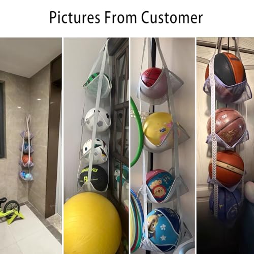 4-Tier Mesh Ball Storage Net Rack Organizer, Door or Wall-Mounted Vertical Ball Holder for Basketball, Soccer, Volleyball, Football, Space-Saving Sports Organizer for Garage, Home, Basement (Grey)
