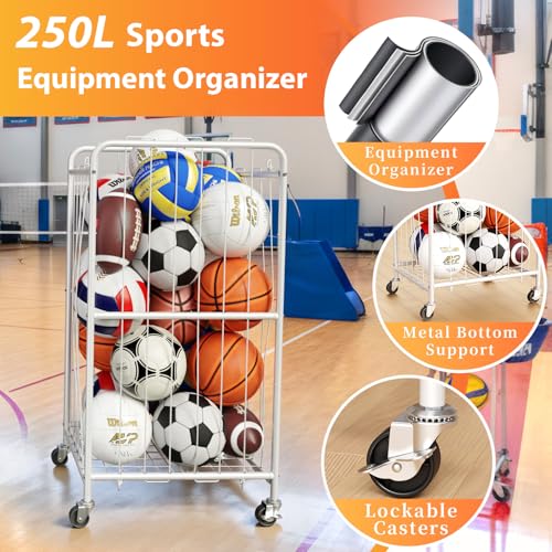Olldide 250L 43-Inch Large Ball Storage Basket with Wheels, Rolling Cart Sports Equipment Garage Organizer with Elastic Rope for Easy Access, Holder For Basketball, Soccer, Volleyball, Football