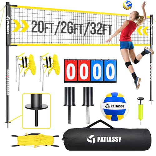 Portable Volleyball Net Set for Backyard & Beach, Adjustable Width (32/26/20FT) & Height, Anti-Sag Tension Design, Metal Stakes for Outdoor Stability, PU Volleyball with Pump, Scoreboard and Carry Bag - color: Black and Yellow