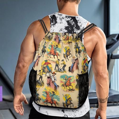 Western Drawstring Backpack Gym Bag With Shoe Compartment String Bag Sport Beach Swimming Sackpack For Women Men - color: Western