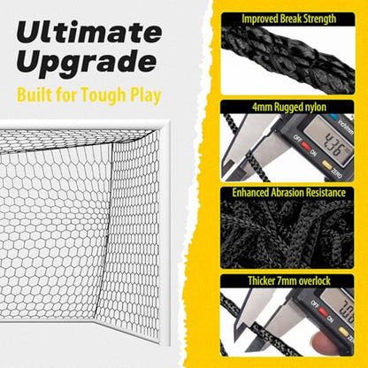 Professional Soccer Goal Replacement Net 24x8FT, 18.5x6.5FT, Upgraded Durability [4mm Nylon, 4" Hexagonal], Enhanced All-Weather, Higher Tensile Strength & More Abrasion Resistant (Net Only) - color: Black, size: Regular 18.5' W x 6.5' H x 3' D x 6.5' B