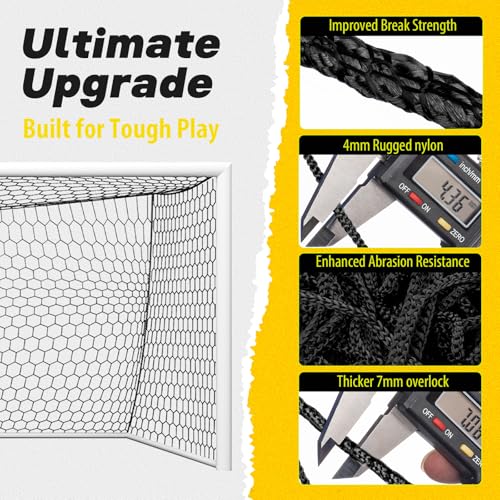 Professional Soccer Goal Replacement Net 24x8FT, 18.5x6.5FT, Upgraded Durability [4mm Nylon, 4" Hexagonal], Enhanced All-Weather, Higher Tensile Strength & More Abrasion Resistant (Net Only) - color: Black, size: Regular 18.5' W x 6.5' H x 3' D x 6.5' B