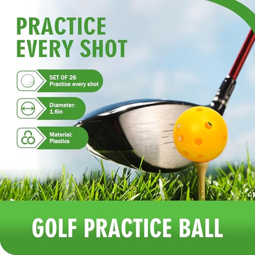 26 Pack Practice Golf Balls, 41mm Hollow Airflow Plastic Golf Balls with Golf Tees, for Indoor Outdoor Driving Range Backyard Swing Practice - color: Yellow