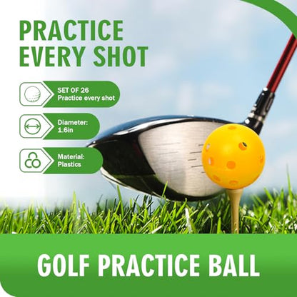 26 Pack Practice Golf Balls, 41mm Hollow Airflow Plastic Golf Balls with Golf Tees, for Indoor Outdoor Driving Range Backyard Swing Practice - color: Yellow