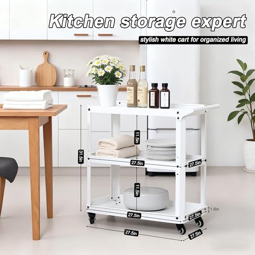 3 Tier Metal Utility Rolling Cart with Wheels, Heavy Duty Storage Organizer Trolley Cart for Kitchen, Bathroom, Office, Bedroom – Multi-Purpose 330Lbs Capacity Utility Cart on Wheels, White - color: White