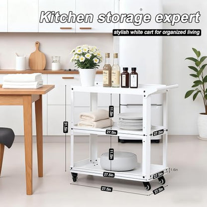 3 Tier Metal Utility Rolling Cart with Wheels, Heavy Duty Storage Organizer Trolley Cart for Kitchen, Bathroom, Office, Bedroom – Multi-Purpose 330Lbs Capacity Utility Cart on Wheels, White - color: White
