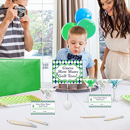 Fumete 101 Pcs Guess How Many Golf Tees Cards 1 Resin Golf Ball Base Memo Clip Holder 10 Pencils Funny Games for Golf Theme Party Supply Bridal Shower Birthday Baby Shower