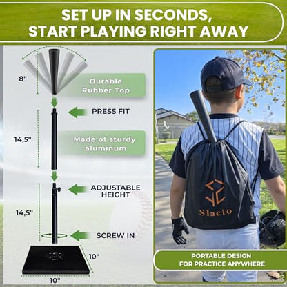 Tee Ball Set with Adjustable Batting Tee 23–37 Inch, Complete Baseball Practice Bundle with 5 Throw Down Bases, 2 Soft Core Balls & Carry Bag