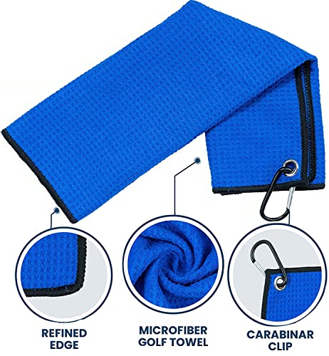 Golf Towel Pack - 3 Microfiber Waffle Pattern Golf Towels Including Golf Club Brush and Groove Cleaner Divot Repair Tool - color: Blue