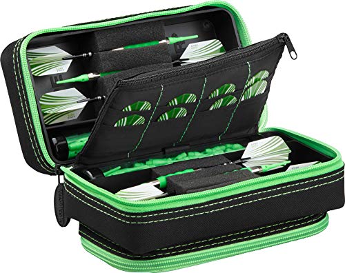 Casemaster Plazma Pro, 6 Dart Case for Soft and Steel Tip Darts, Features Large Front Mobile Device Pocket, Built-In Storage Tubes and Pockets for Flights, Tips, Shafts, and Personal Items - color: Green Trim