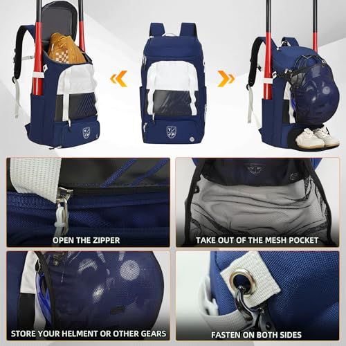 Youth Baseball Bag,Softball Backpack for 2 Bats with Ball Pocket,Large Lightweight Waterproof Softball Equipment Bag with Fence Hook and Separate Shoe Compartment