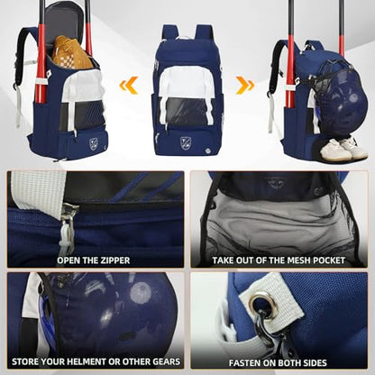 Youth Baseball Bag,Softball Backpack for 2 Bats with Ball Pocket,Large Lightweight Waterproof Softball Equipment Bag with Fence Hook and Separate Shoe Compartment